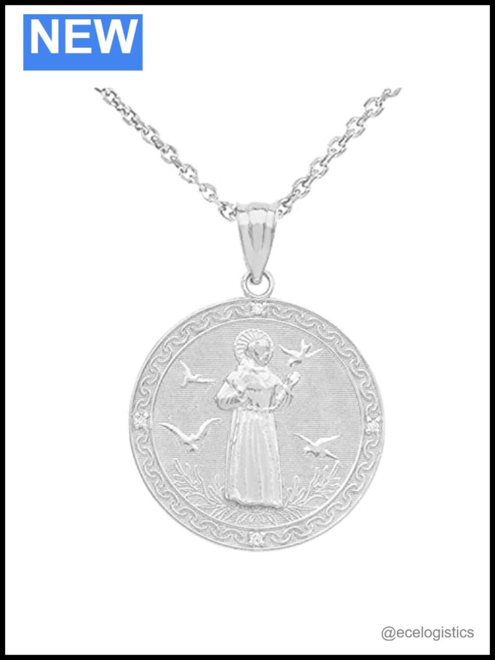 Saint Francis of Assisi Medal Pendant .925 Sterling Silver CZ Necklace